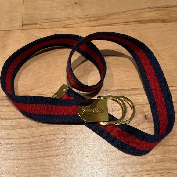 GUCCI red/blue belt with web motif and Gucci buckle in gold - Picture 2 of 4